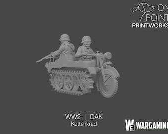May include: A gray scale model of a WWII Kettenkrad, a German half-track motorcycle, with two figures in military attire. The model has detailed tracks, wheels, and a front motorcycle wheel. The text "WW2 | DAK Kettenkrad" is visible.