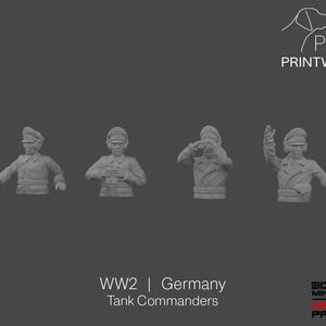 Könnte beinhalten: Vier graue 3D-gedruckte Miniatur-Panzerkommandanten aus dem Zweiten Weltkrieg in Deutschland. Jede Figur hat eine andere Pose, eine zeigt, eine hält ein Fernglas, eine salutiert und eine hat den Arm ausgestreckt. Der Text "WW2 | Germany Tank Commanders" steht unten.