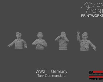 May include: Four gray 3D-printed miniature tank commanders from World War 2 Germany. Each figure is in a different pose, with one pointing, one holding binoculars, one saluting, and one with his arm extended. The text "WW2 | Germany Tank Commanders" is at the bottom.
