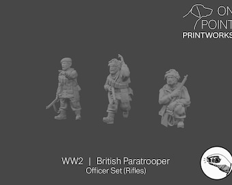 May include: Three miniature British paratrooper officer figures from World War II, each holding a rifle. The figures are in various poses, with one pointing, one walking, and one kneeling. The text "WW2 | British Paratrooper Officer Set (Rifles)" is at the bottom.