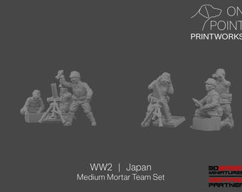 May include: A gray 3D-printed miniature set depicting a WWII Japanese medium mortar team. The set includes multiple figures in military uniforms, posed around a mortar and ammunition. The text "WW2 | Japan Medium Mortar Team Set" is visible.