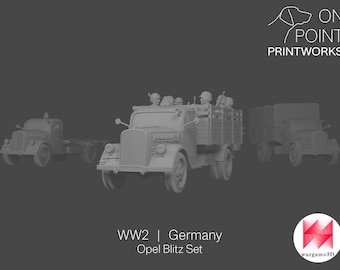 May include: A gray scale image of a set of model trucks, including a flatbed truck, a troop transport truck with soldiers, and a covered cargo truck. The text "WW2 | Germany Opel Blitz Set" is at the bottom.