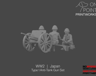 May include: A gray 3D-printed model of a Type 1 Anti-Tank Gun Set from World War 2 Japan. The set includes the gun and three soldiers. The text "WW2 | Japan Type 1 Anti-Tank Gun Set" is visible.