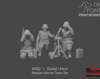 May include: A gray miniature set of three soldiers from the Soviet Union during World War II. One soldier kneels with binoculars, another stands with a case, and the third operates a mortar. The text reads "WW2 | Soviet Union Medium Mortar Team Set."