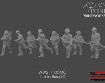 May include: A set of eight grey unpainted miniature soldier figurines in combat poses, each wearing a helmet and carrying a rifle. The text ON POINT PRINTWORKS and WW2 USMC Infantry Squad C is visible. The figures are rendered in a monochromatic style.