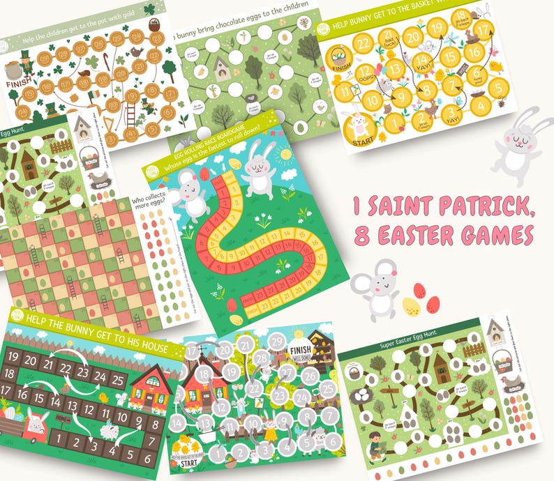 May include: Eight printable Easter games for kids featuring bunnies, eggs, and a St. Patrick's Day theme. The games include a maze, a board game, a hunt, and more.