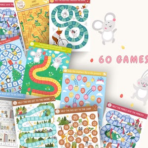 May include: A set of 60 printable board games for kids. The games feature colorful illustrations of animals, a bus, a deer, a doctor bear, a kid, a prince, a princess, and a Santa Claus. The games are designed to help children learn and have fun.