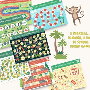 May include: A set of 7 colorful board games for kids featuring jungle, summer, and school themes. The games include a monkey, a girl, a plane, and children going to the sea. The text on the games reads "Help the monkey go to the island", "Help the girl go through the jungle", "Help the plane fly to the island", "Who is the first to come to school?", "Name the animals board game", "Help the children get to the sea", and "First to lead the boy to astronomy class?"