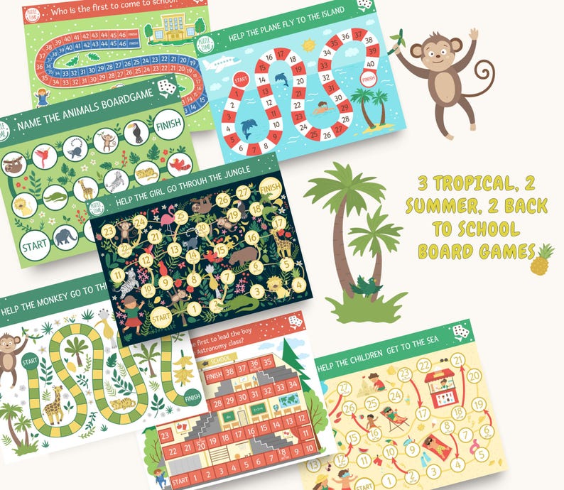 May include: A set of 7 colorful board games for kids featuring jungle, summer, and school themes. The games include a monkey, a girl, a plane, and children going to the sea. The text on the games reads "Help the monkey go to the island", "Help the girl go through the jungle", "Help the plane fly to the island", "Who is the first to come to school?", "Name the animals board game", "Help the children get to the sea", and "First to lead the boy to astronomy class?"