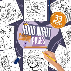 印刷可能な子供向け夜間ぬり絵ページ、風変わりなイラスト、幼児向け就寝時アクティビティシート、未就学児向けぬり絵ページ