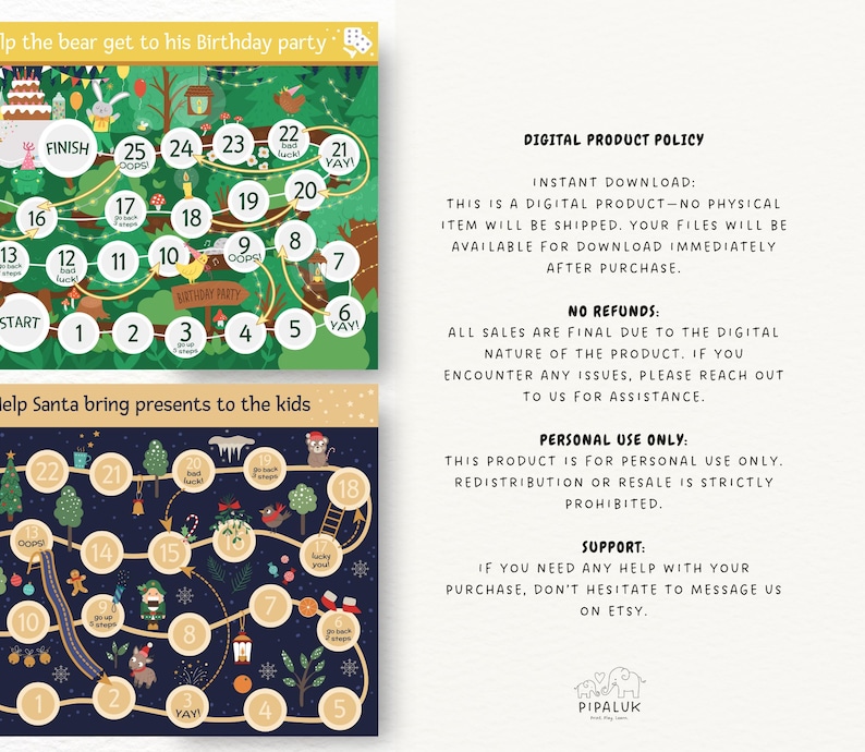 May include: Two printable board game templates for kids. The first game features a bear trying to get to his birthday party. The second game features Santa delivering presents to children. Both games feature colorful illustrations and a grid of numbered squares.