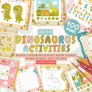 May include: A colorful set of 100 dinosaur activity pages for kids ages 5-8. The pages feature mazes, coloring pages, math games, word games, and dot-to-dot activities. The pages are in a square format.