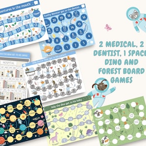 May include: Six colorful board games for kids featuring themes like space, dinosaurs, and dental care. The games are printed on white cardstock and feature bright colors and illustrations. The text on the games includes "Adventures in the Mouth", "Toothy Monster Get to the Dentist", "Help Doctor Bear Get to His Office", "Help Doctor Deer Get to His Patient", "Help the Dino Get to His Baby", and "Forest Board Games".