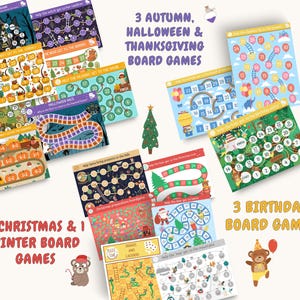 May include: A set of printable board games for different holidays, including 3 autumn, Halloween, and Thanksgiving games, 5 Christmas and 1 winter game, and 3 birthday games. The games feature colorful illustrations and fun themes.