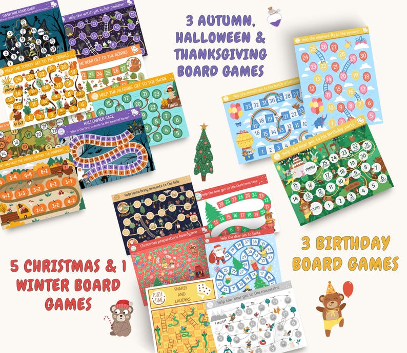 May include: A set of printable board games for different holidays, including 3 autumn, Halloween, and Thanksgiving games, 5 Christmas and 1 winter game, and 3 birthday games. The games feature colorful illustrations and fun themes.