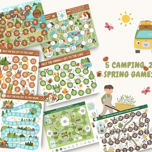 May include: Five colorful game boards with a camping theme. The boards feature mazes, paths, and numbers. The text on the boards includes "Help the bus get to the camp", "Help the animals get to the lake", "Help the kid get to the shore", and "Help the boy bring plants to the greenhouse". The text "5 Camping 2 Spring Games" is also included on the boards.