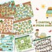 May include: Five colorful game boards with a camping theme. The boards feature mazes, paths, and numbers. The text on the boards includes "Help the bus get to the camp", "Help the animals get to the lake", "Help the kid get to the shore", and "Help the boy bring plants to the greenhouse". The text "5 Camping 2 Spring Games" is also included on the boards.