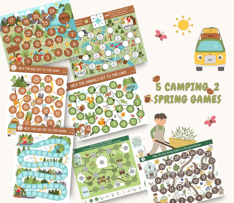 May include: Five colorful game boards with a camping theme. The boards feature mazes, paths, and numbers. The text on the boards includes "Help the bus get to the camp", "Help the animals get to the lake", "Help the kid get to the shore", and "Help the boy bring plants to the greenhouse". The text "5 Camping 2 Spring Games" is also included on the boards.