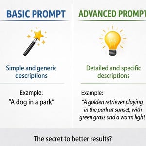 K&ouml;nnte beinhalten: Eine Vergleichstabelle mit den Titeln BASIC PROMPT und ADVANCED PROMPT. Die linke Seite zeigt ein Zauberstab-Symbol mit Text, der einfache Beschreibungen und ein Beispiel beschreibt. Die rechte Seite zeigt ein Gl&uuml;hbirnen-Symbol mit Text, der detaillierte Beschreibungen und ein Beispiel beschreibt. Der untere Text lautet: The secret to better results?