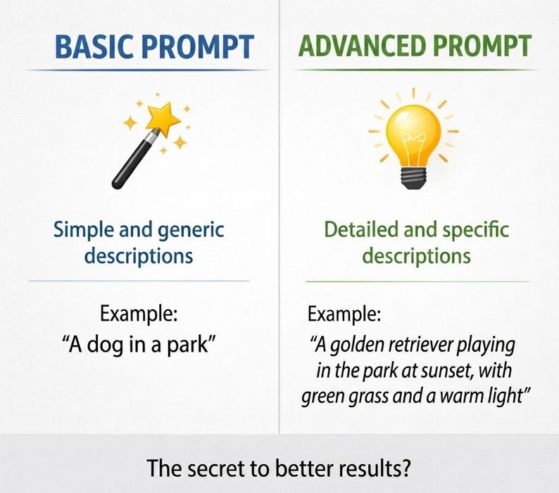 K&ouml;nnte beinhalten: Eine Vergleichstabelle mit den Titeln BASIC PROMPT und ADVANCED PROMPT. Die linke Seite zeigt ein Zauberstab-Symbol mit Text, der einfache Beschreibungen und ein Beispiel beschreibt. Die rechte Seite zeigt ein Gl&uuml;hbirnen-Symbol mit Text, der detaillierte Beschreibungen und ein Beispiel beschreibt. Der untere Text lautet: The secret to better results?