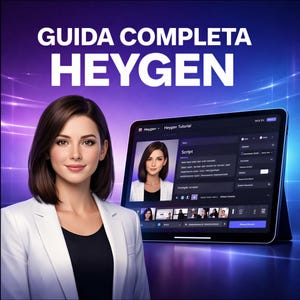 Può includere: Illustrazione digitale di una donna in blazer bianco e top nero, con il testo "GUIDA COMPLETA HEYGEN" in alto. Un tablet mostra l'interfaccia di Heygen Tutorial, mostrando una donna in blazer bianco. Lo sfondo è un gradiente di viola e blu.