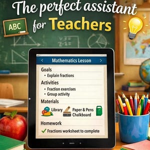 K&ouml;nnte beinhalten: Ein Tablet, das einen Mathematik-Unterrichtsplan mit Abschnitten f&uuml;r Ziele, Aktivit&auml;ten, Materialien und Hausaufgaben anzeigt. Der Bildschirm zeigt Text wie 'Explain fractions', 'Fraction exercises' sowie verschiedene Symbole.