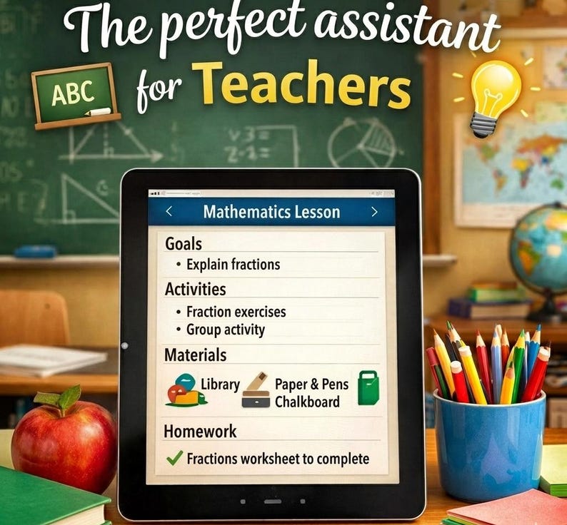 K&ouml;nnte beinhalten: Ein Tablet, das einen Mathematik-Unterrichtsplan mit Abschnitten f&uuml;r Ziele, Aktivit&auml;ten, Materialien und Hausaufgaben anzeigt. Der Bildschirm zeigt Text wie 'Explain fractions', 'Fraction exercises' sowie verschiedene Symbole.