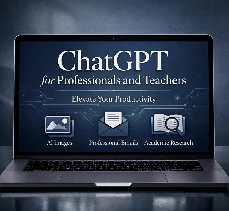 K&ouml;nnte beinhalten: Ein Laptop-Bildschirm zeigt den Text ChatGPT for Professionals and Teachers, Elevate Your Productivity, mit drei Symbolen, die als AI Images, Professional Emails und Academic Research beschriftet sind, vor einem dunkelblauen Hintergrund.