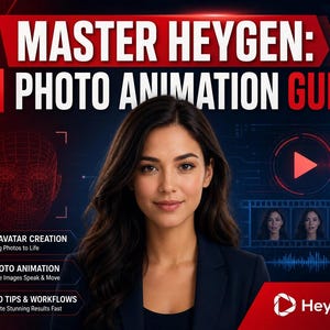 Può includere: Grafica promozionale con il testo "MASTER HEYGEN: AI PHOTO ANIMATION GUIDE". L'immagine presenta una donna in un blazer blu navy, un volto a filo 3D e icone per la creazione di avatar AI, l'animazione fotografica e consigli professionali. Il logo HeyGen è in basso a destra.