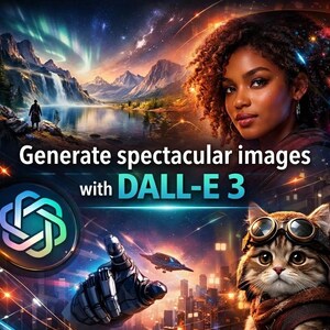 K&ouml;nnte beinhalten: Eine digitale Grafik mit einer Person mit lockigem Haar, einer Katze mit Schutzbrille, einer Roboterhand und einer Landschaft mit Bergen und Wasserfall. Der Text lautet: Generate spectacular images with DALL-E 3, neben dem bunten DALL-E Logo.