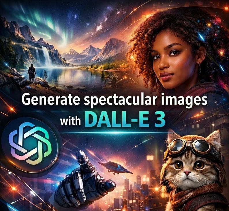 K&ouml;nnte beinhalten: Eine digitale Grafik mit einer Person mit lockigem Haar, einer Katze mit Schutzbrille, einer Roboterhand und einer Landschaft mit Bergen und Wasserfall. Der Text lautet: Generate spectacular images with DALL-E 3, neben dem bunten DALL-E Logo.