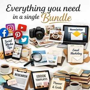 K&ouml;nnte beinhalten: Ein digitales Marketing-Paket mit einem Laptop, der einen Newsletter anzeigt, einem Tablet mit Social-Media-Tipps, einem Smartphone, einer Kamera, einer Lupe und verschiedenen Dokumenten mit der Aufschrift research, email marketing, ebook templates und planner & guide.