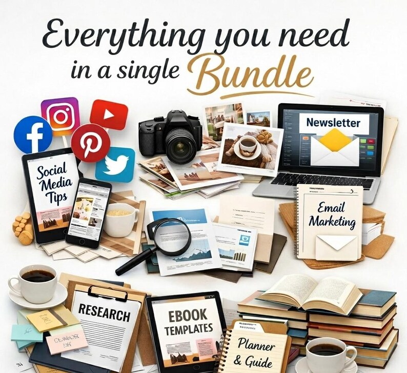 K&ouml;nnte beinhalten: Ein digitales Marketing-Paket mit einem Laptop, der einen Newsletter anzeigt, einem Tablet mit Social-Media-Tipps, einem Smartphone, einer Kamera, einer Lupe und verschiedenen Dokumenten mit der Aufschrift research, email marketing, ebook templates und planner & guide.