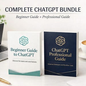 K&ouml;nnte beinhalten: Zwei B&uuml;cher mit dem Titel Complete ChatGPT Bundle, Beginner Guide + Professional Guide. Das wei&szlig;e Buch tr&auml;gt den Text Beginner Guide to ChatGPT, Discover the basics and core features. Das dunkelblaue Buch tr&auml;gt den Text ChatGPT Professional Guide, Advanced Strategies and Workflow Tools.