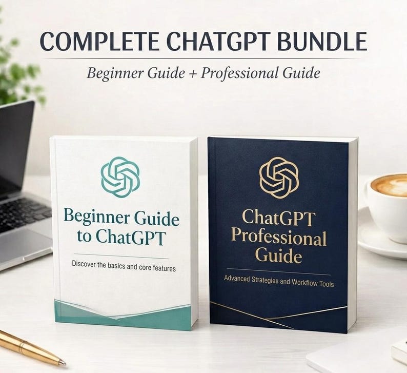 K&ouml;nnte beinhalten: Zwei B&uuml;cher mit dem Titel Complete ChatGPT Bundle, Beginner Guide + Professional Guide. Das wei&szlig;e Buch tr&auml;gt den Text Beginner Guide to ChatGPT, Discover the basics and core features. Das dunkelblaue Buch tr&auml;gt den Text ChatGPT Professional Guide, Advanced Strategies and Workflow Tools.