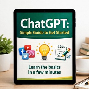 K&ouml;nnte beinhalten: Ein Tablet-Bildschirm mit einem Leitfaden namens ChatGPT: Simple Guide to Get Started. Die Grafik zeigt Social-Media-Symbole, eine leuchtend gelbe Gl&uuml;hbirne und einen Notizblock mit einem Stift. Der Text darunter lautet Learn the basics in a few minutes.