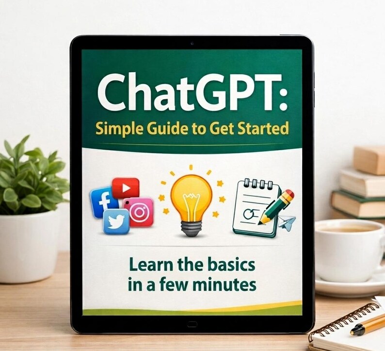 K&ouml;nnte beinhalten: Ein Tablet-Bildschirm mit einem Leitfaden namens ChatGPT: Simple Guide to Get Started. Die Grafik zeigt Social-Media-Symbole, eine leuchtend gelbe Gl&uuml;hbirne und einen Notizblock mit einem Stift. Der Text darunter lautet Learn the basics in a few minutes.