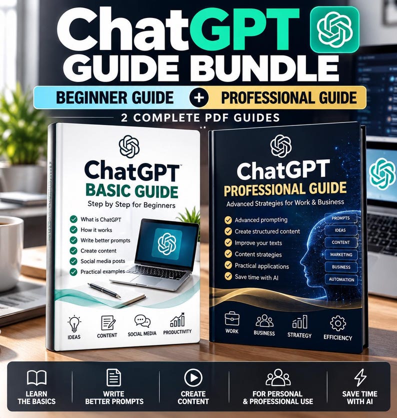 K&ouml;nnte beinhalten: Ein ChatGPT-Leitfaden-Paket mit zwei PDF-Handb&uuml;chern: ein wei&szlig;er Basis-Leitfaden f&uuml;r Anf&auml;nger und ein dunkelblauer Profi-Leitfaden f&uuml;r fortgeschrittene Strategien. Beide B&uuml;cher zeigen das ChatGPT-Logo, beschreibenden Text und verschiedene Symbole.