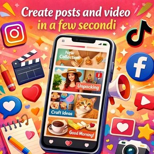 K&ouml;nnte beinhalten: Ein Smartphone mit einer Social-Media-Oberfl&auml;che und dem Text Create posts and video in a few secondi, umgeben von Symbolen f&uuml;r Instagram, TikTok, Facebook, einem Megafon, einer Kamera, einem Notizblock, einem Stift und Herzformen.