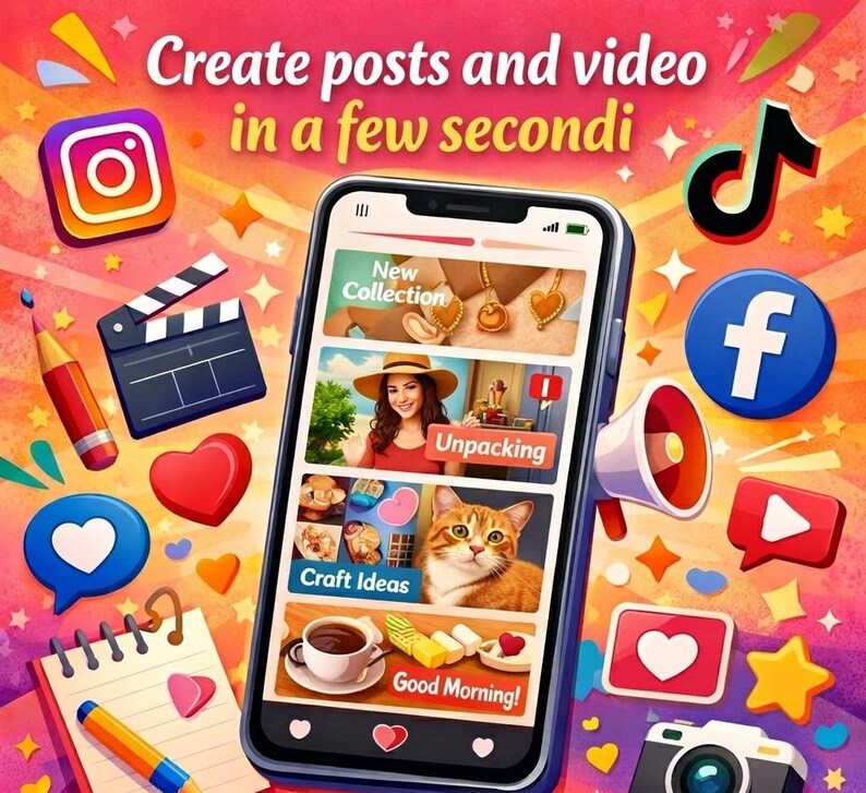 K&ouml;nnte beinhalten: Ein Smartphone mit einer Social-Media-Oberfl&auml;che und dem Text Create posts and video in a few secondi, umgeben von Symbolen f&uuml;r Instagram, TikTok, Facebook, einem Megafon, einer Kamera, einem Notizblock, einem Stift und Herzformen.