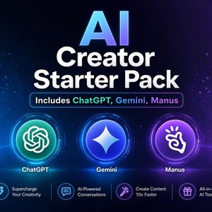 Può includere: Una grafica promozionale per un AI Creator Starter Pack. L'immagine presenta il testo "AI Creator Starter Pack" con le parole "Includes ChatGPT, Gemini, Manus" sottostanti. Vengono visualizzate tre icone circolari, ciascuna con un logo e un nome: ChatGPT, Gemini e Manus.