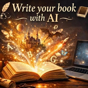 K&ouml;nnte beinhalten: Ein aufgeschlagenes Buch auf einer Holzoberfl&auml;che mit leuchtendem Licht, den Buchstaben A, B und G, einem Schloss, einem Drachen, einer Rakete und Schmetterlingen, die aus den Seiten aufsteigen. Ein Laptop steht rechts. Text: Write your book with AI.