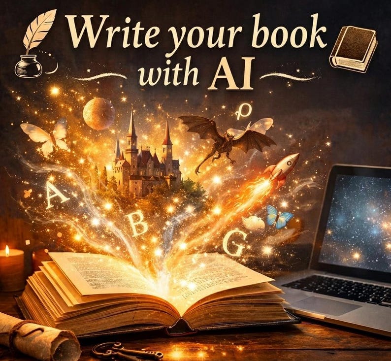 K&ouml;nnte beinhalten: Ein aufgeschlagenes Buch auf einer Holzoberfl&auml;che mit leuchtendem Licht, den Buchstaben A, B und G, einem Schloss, einem Drachen, einer Rakete und Schmetterlingen, die aus den Seiten aufsteigen. Ein Laptop steht rechts. Text: Write your book with AI.