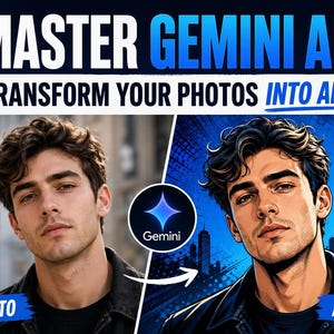 Può includere: Un'immagine che confronta una foto e una rappresentazione artistica di un uomo. Il testo recita "MASTER GEMINI AI: TRANSFORM YOUR PHOTOS INTO ART". La foto mostra un uomo con una giacca nera, la versione artistica ha uno stile fumetto.