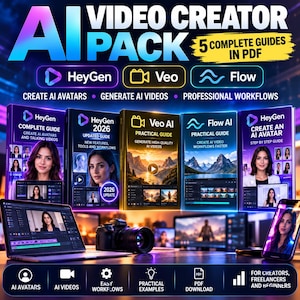 Könnte beinhalten: Ein KI-Video-Creator-Paket mit fünf digitalen Anleitungen im PDF-Format. Die Sammlung enthält Handbücher für HeyGen, Veo und Flow AI, präsentiert neben einem Laptop, einer Kamera und einem Smartphone, die alle Videobearbeitungsoberflächen zeigen.