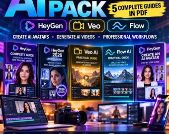 Könnte beinhalten: Ein KI-Video-Creator-Paket mit fünf PDF-Anleitungen für HeyGen, Veo und Flow AI. Die Darstellung umfasst Buchcover, einen Laptop, eine Kamera und ein Smartphone, die alle KI-Avatare und Videoworkflows veranschaulichen.