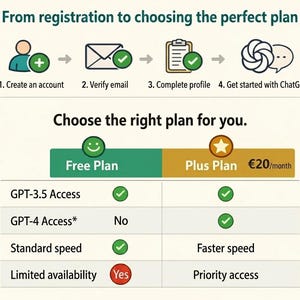 K&ouml;nnte beinhalten: Eine Infografik mit dem Titel From registration to choosing the perfect plan, die einen vierstufigen Prozess zeigt: Create an account, Verify email, Complete profile und Get started with ChatGPT. Eine Tabelle vergleicht Free Plan und Plus Plan.
