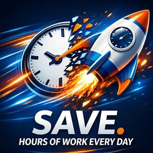 K&ouml;nnte beinhalten: Eine grafische Illustration, die ein wei&szlig;es Zifferblatt zeigt, das von einer blau-wei&szlig;-orangen Rakete mit einer Uhr an der Seite durchbrochen wird. Helle orange Flammen und blaue Bewegungsstreifen umgeben die Rakete. Text: SAVE. HOURS OF WORK EVERY DAY.