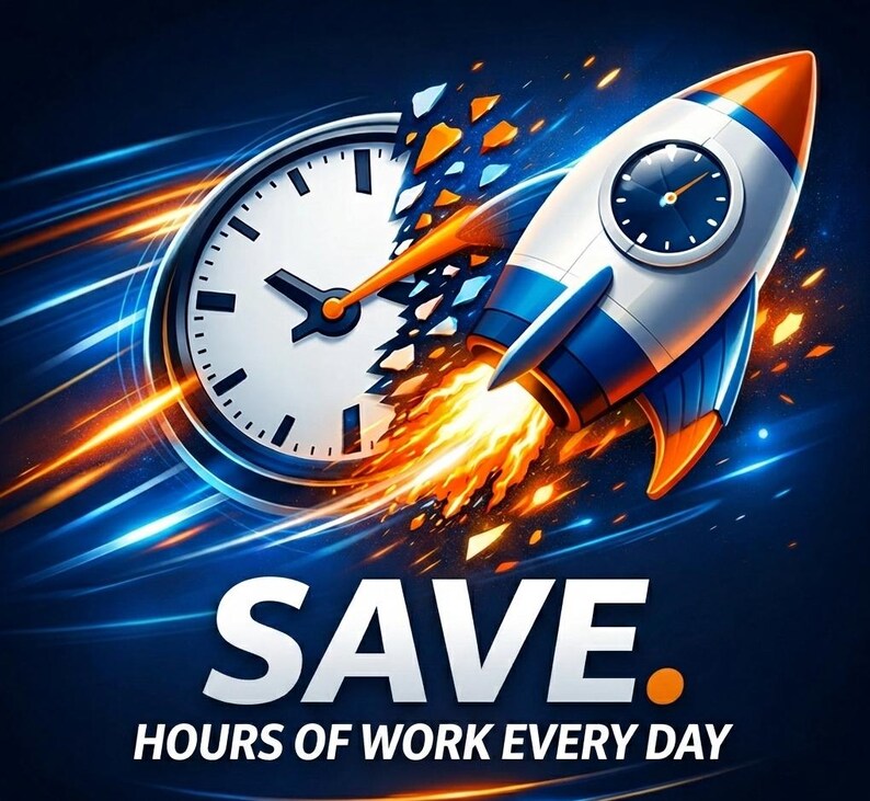 K&ouml;nnte beinhalten: Eine grafische Illustration, die ein wei&szlig;es Zifferblatt zeigt, das von einer blau-wei&szlig;-orangen Rakete mit einer Uhr an der Seite durchbrochen wird. Helle orange Flammen und blaue Bewegungsstreifen umgeben die Rakete. Text: SAVE. HOURS OF WORK EVERY DAY.