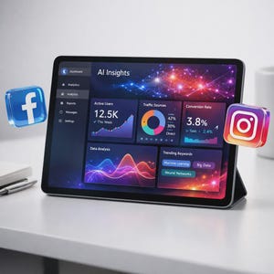 Peut inclure: Une tablette affiche un tableau de bord AI Insights avec des visualisations de données, notamment les utilisateurs actifs, les sources de trafic et les taux de conversion. Des icônes flottantes de médias sociaux pour Facebook et Instagram.